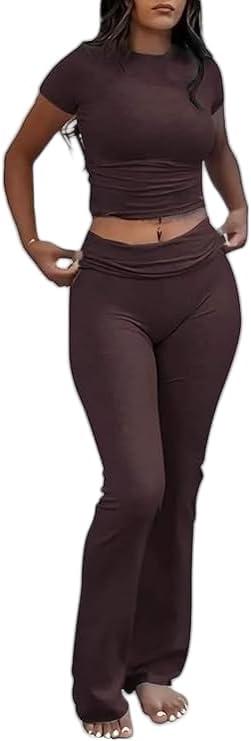 AYWA Women's 2 Piece Lounge Sets Short Sleeve Crop Top Foldover Flare Pants Casual Pajama Outfits (Brown, XXL)