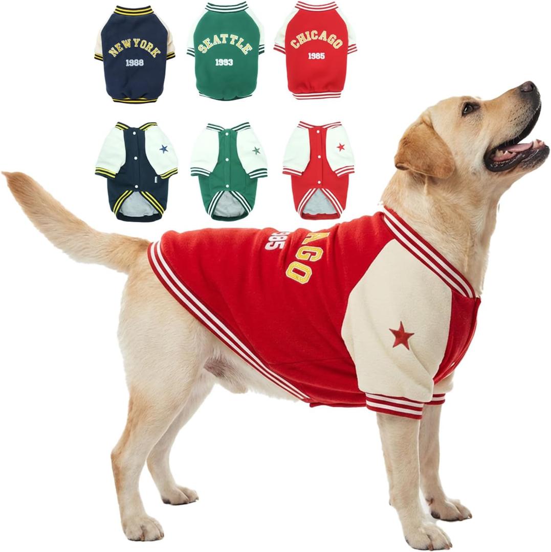 XXXL Dog Winter Varsity Jacket, Extra Large Doggy Fleece Coat for Cold Weather, Warm Sport Outfit for Dogs, Thick Pet Baseball Apparel, Sportwear for Pets Labrador, Holiday Puppy Costume, Red