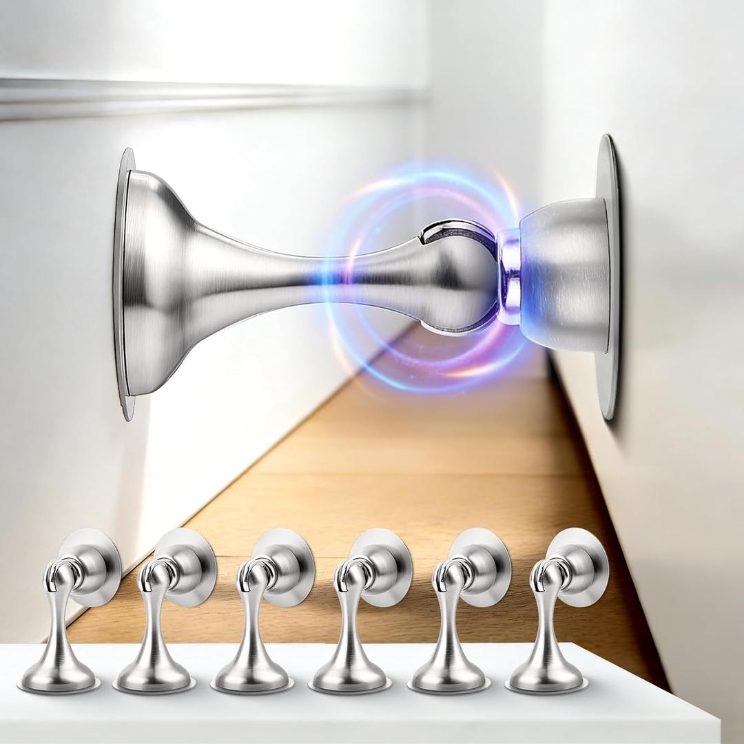 Probrico Brushed Nickel Magnetic Door Stoppers for Bottom of Door, Stainless Steel Magnet Door Catch Door Stops to Keep Door Open, Heavy Duty Door Holder, Wall and Floor Mounting, 6 Pack