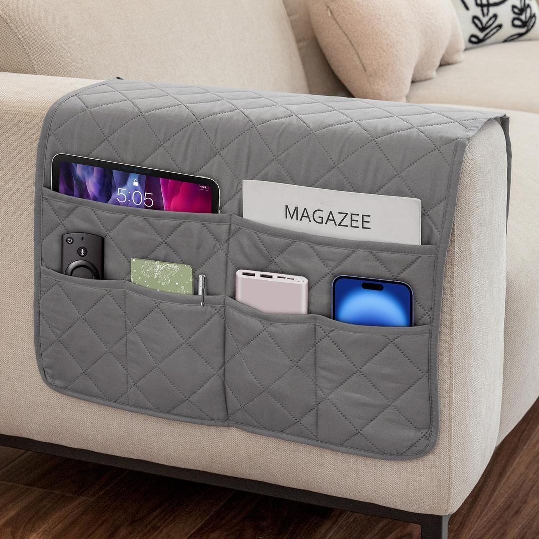 Remote Control Holder for Recliner Armchair Caddy Couch Armrest Organizer, Arm Chair Bedside Caddy Storage Organizer for Recliner Couch With 6 Pockets for Magazine, Tablet, Phone, iPad (Grey)