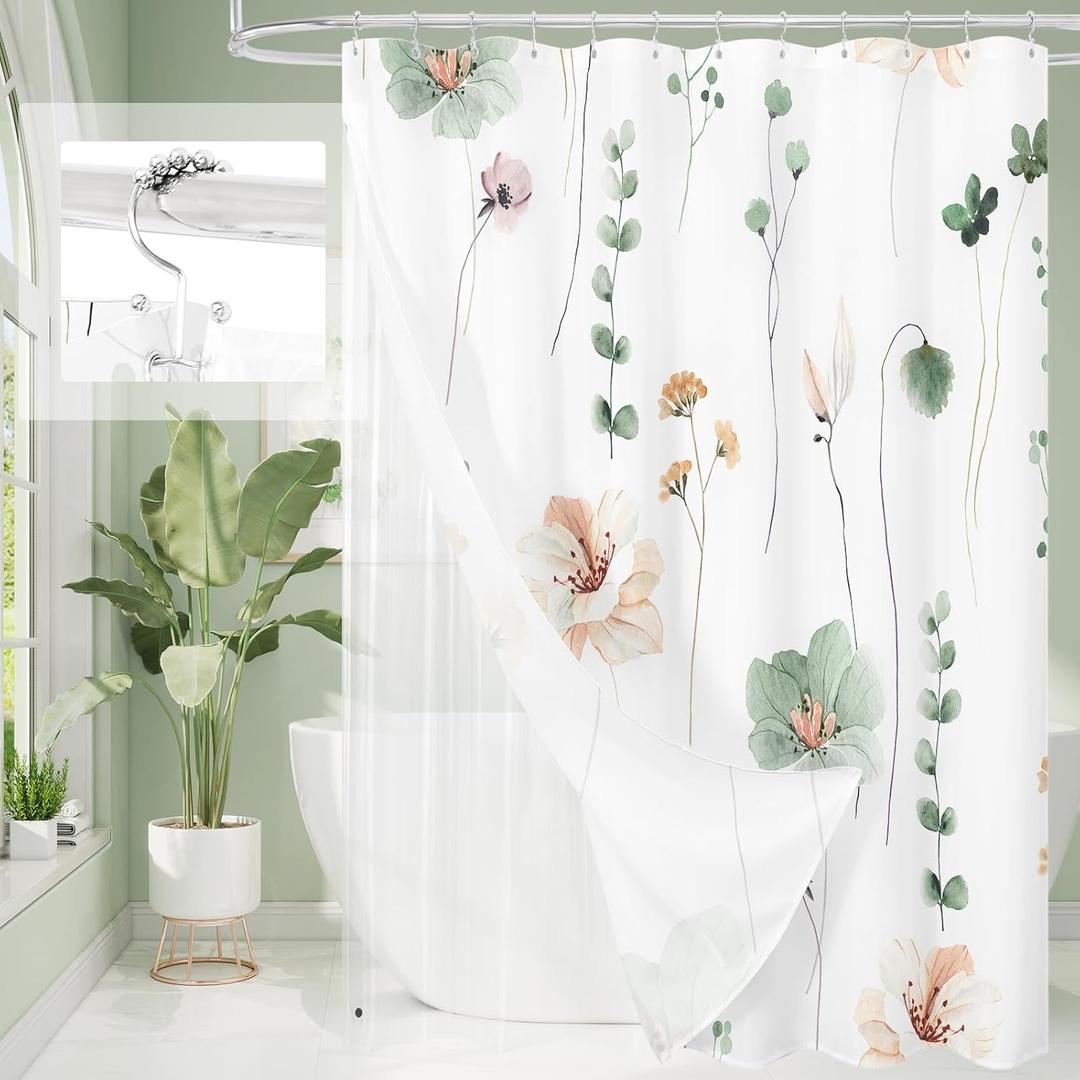 Gibelle 3 in 1 Shower Curtain Set, Sage Green Watercolor Floral Bath Curtain and PEVA Liner Set with 12 Double Sided Steel Hooks, Waterproof Fabric Bathroom Curtain 72x72