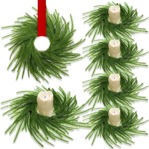 Yuefunny 4 Pcs Mini Wreaths for Cabinets, 9.8 Inch Christmas Norfolk Pine Candle Rings, Artificial Small Wreath Garland Xmas Candle Ring Holder for Kitchen Cabinet Window Chair Wall Table Centerpiece