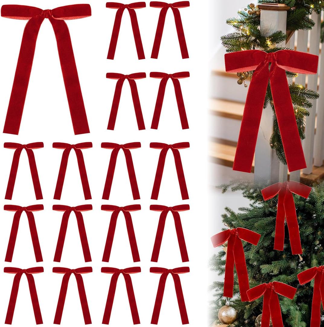 24 Pcs Velvet Bows Christmas Tree Ornaments Vintage Velvet Ribbon Bows for Tree Garland Wreath Indoor Xmas Decorations(5 x 7 Inch, Width of 1",Red)