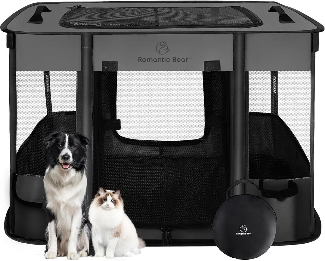 44x34x24 Inches Dog Playpen,Pet Playpen,Foldable Puppy Cat Playpen,Portable Exercise Kennel Tent Crate,Water-Resistant Breathable Shade Cover,Indoor Outdoor Travel Camping Use for Small Animals(L) (Grey)
