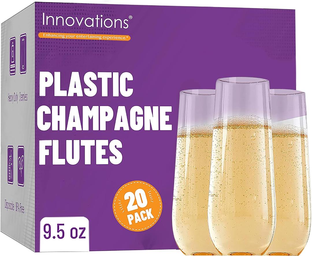 INNOVATIONS 20-Pack Stemless Plastic Champagne Flutes | 9.5 oz Clear Disposable Champagne Glasses, Shatterproof PET Drinkware for Weddings, Parties, Catering & Events  by Maryland Plastics