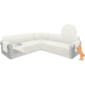 Arfntevss Sectional Sofa Cover Corner Sectional Couch Cover L Shaped Reversible Washable Sofa Slipcover for Dog Quilted U Shape Couch Cover 4 Pcs Non Slip Furniture Protector (Creamy White, Large)