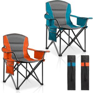 2 Pack Padded Oversized Camping Chairs for Adults,Heavy Duty Support 400 Lbs,Folding Portable Lawn Chair w/Cup Holder,Cooler Bag,Side Pocket,Perfect for Outdoor Picnic,Hiking(Orange&Blue)