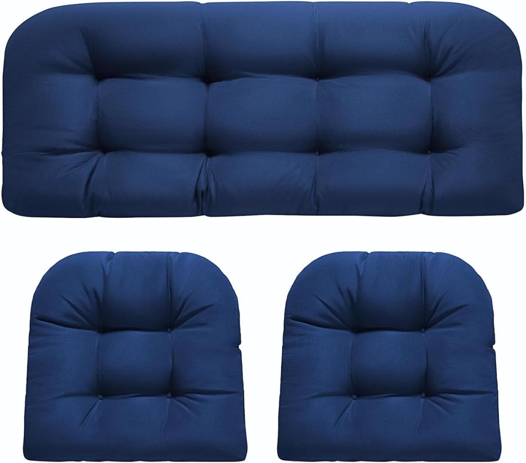 Wicker Chair Cushions, Waterproof Outdoor Loveseat Cushions for Patio Furniture, 3 Pieces Wicker Furniture Cushions, 1 Loveseat and 2 U-Shaped Cushions, Blue