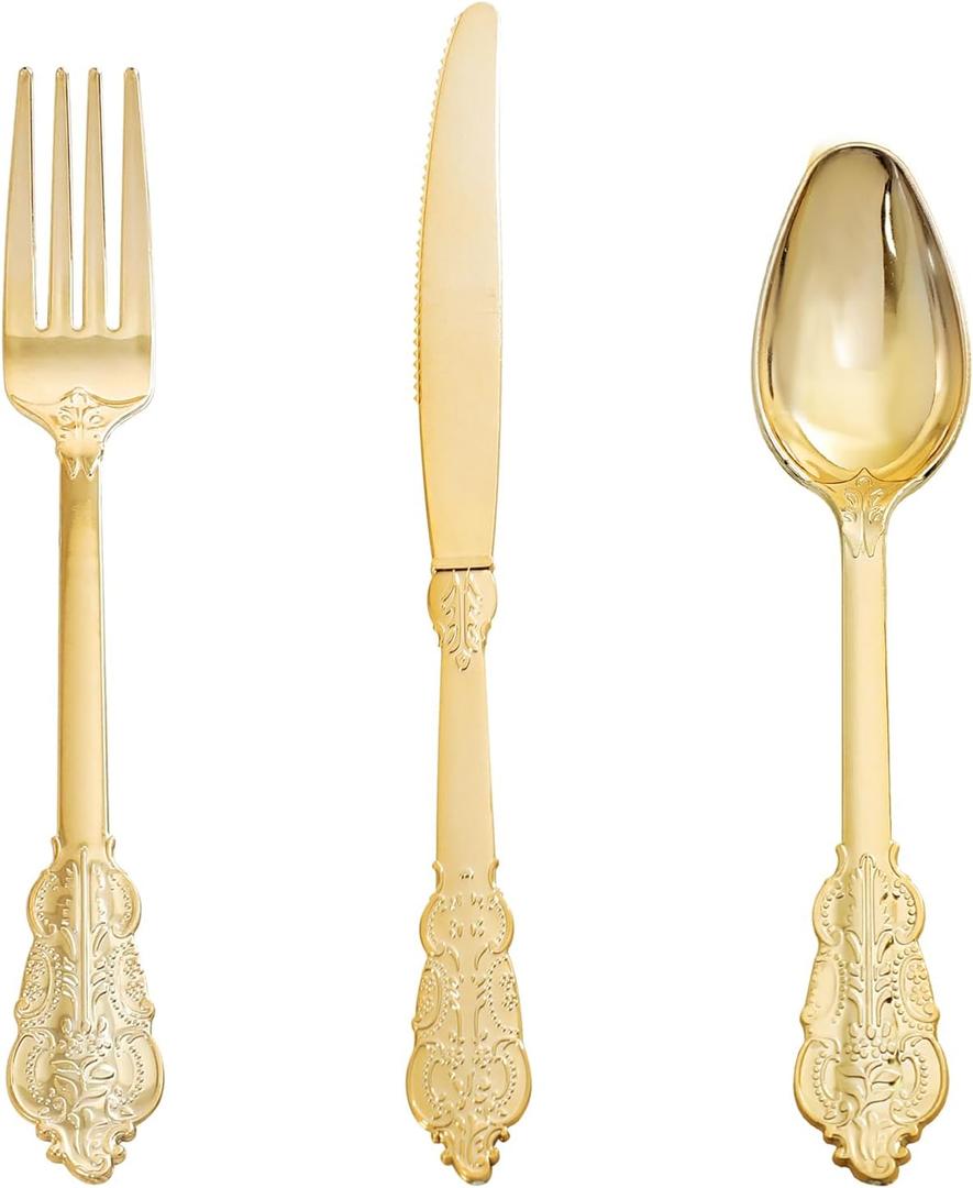 Supernal 360pcs Gold Plastic Silverware, Gold Silverware Disposable, Gold Plastic Cutlery, 120 Gold Plastic Forks, 120 Gold Plastic Spoons, 120 Gold Plastic Knives for Birthday, Party, Wedding