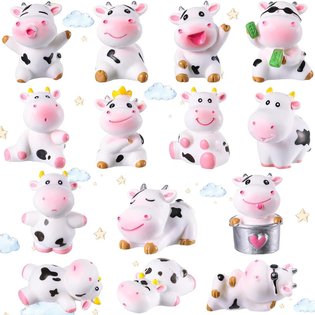 Blulu 14 Pcs Cow Cake Toppers Cow Cake Decorations Farm Animals Miniature Figurines Toys Resin Garden DIY Terrarium Crafts for Kids Birthday Party Favor Baby Shower Home Decor