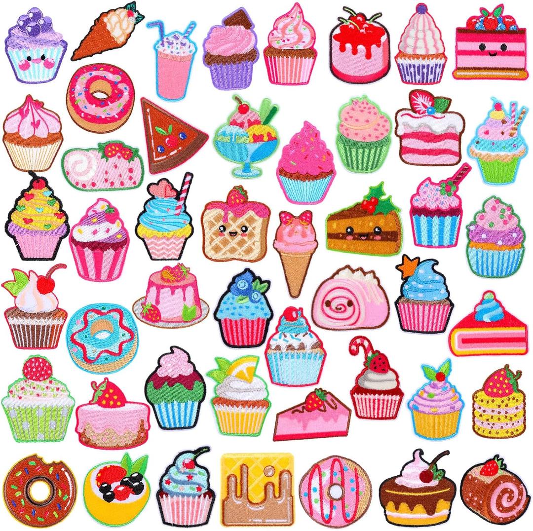 Lyrow 48 Pcs Cupcake Embroidered Patches Colourful Iron on Patches Cute Sewing Craft Decoration Cake Doughnut Embroidery Patch for DIY Clothing Jackets Jeans Bags Dress Hats Applique Emblem Accessory