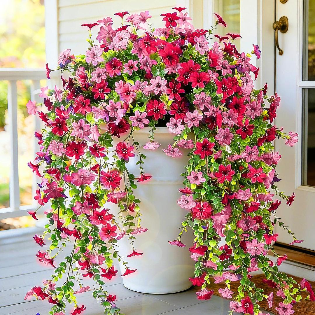 CCILAND 2 PCS Artificial Hanging Flowers for Outdoors, Fake Flower Plants UV Resistant Faux Hanging Spring Flowers for Home Porch Garden Patio Yard (Double Pink)
