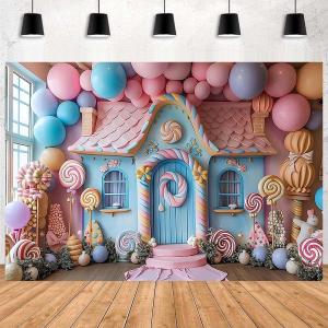 Candyland Donut Sweet Candy House First Birthday Photo Backdrop, Princess Girl Family Birthday Party Banner, 7x5ft 