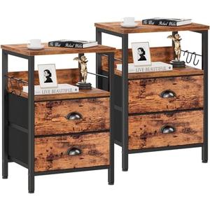 Furologee Night Stand Set of 2, Nightstand with 2 Fabric Drawers, Bed Side Table with Open Shelf, Wooden Top, Hooks, Backboard Design, End Table for Bedroom, Study, Hallway, Brown