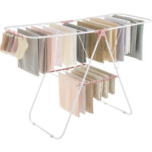 SONGMICS Clothes Drying Rack, with Sock Clips, Metal Laundry Rack, Foldable, Space-Saving, Free-Standing Airer, with 2 Height-Adjustable Gullwings, Indoor Outdoor Use, White and Pink ULLR052P01