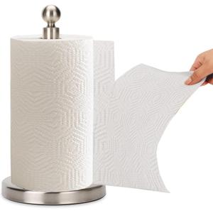 Paper Towel Holder Countertop, Standing Paper Towel Roll Holder for Kitchen Bathroom, with Weighted Base for One-Handed Operation (Stainless Steel Base, Brushed Nickel)