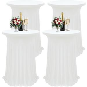 4Pack White Cocktail Tablecloth 32"x 43" Table Skirt Spandex Stretch Round Cocktail Table Cover with Wavy Drapes Fitted High Top Covers for Wedding Party Banquet