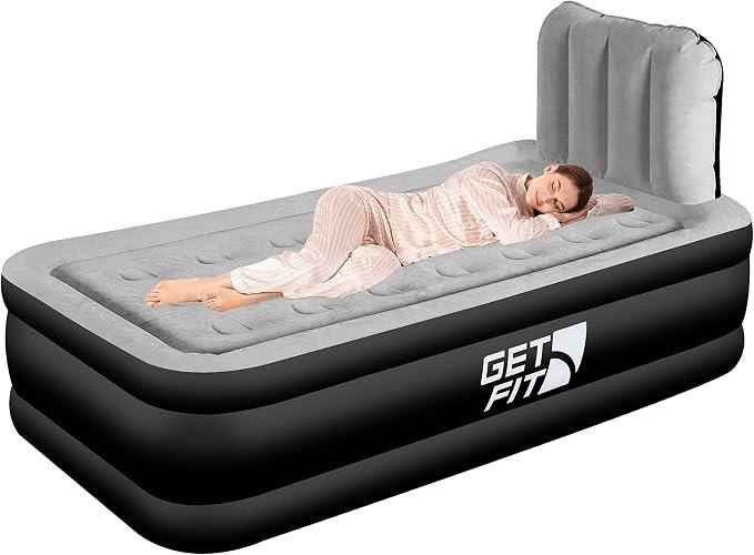Get Fit Air Bed With Built In Electric Pump - Premium Single Airbed - Quick Blow Up Bed With Headboard & Free Inflatable Pillow - Elevated Inflatable Air Mattress For Outdoor, Camping - Black/Grey