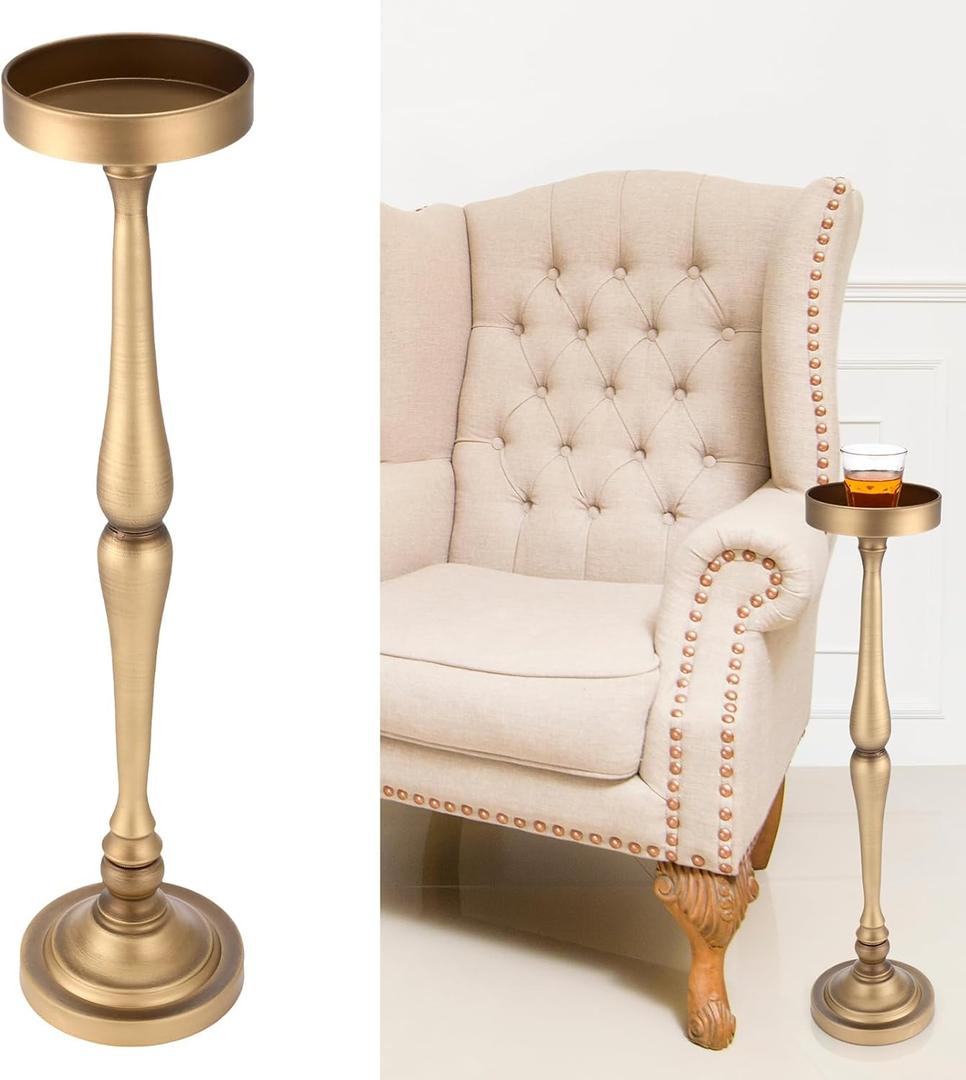 Yalikop Drink Table Pedestal Side Table Round Martini End Table Small Cocktail Drink Stand for Small Spaces Nightstand Bedroom Couch Chair Vintage Metal Decor, 5.74 x 5.74 x 25.98'', Brass(Classic)