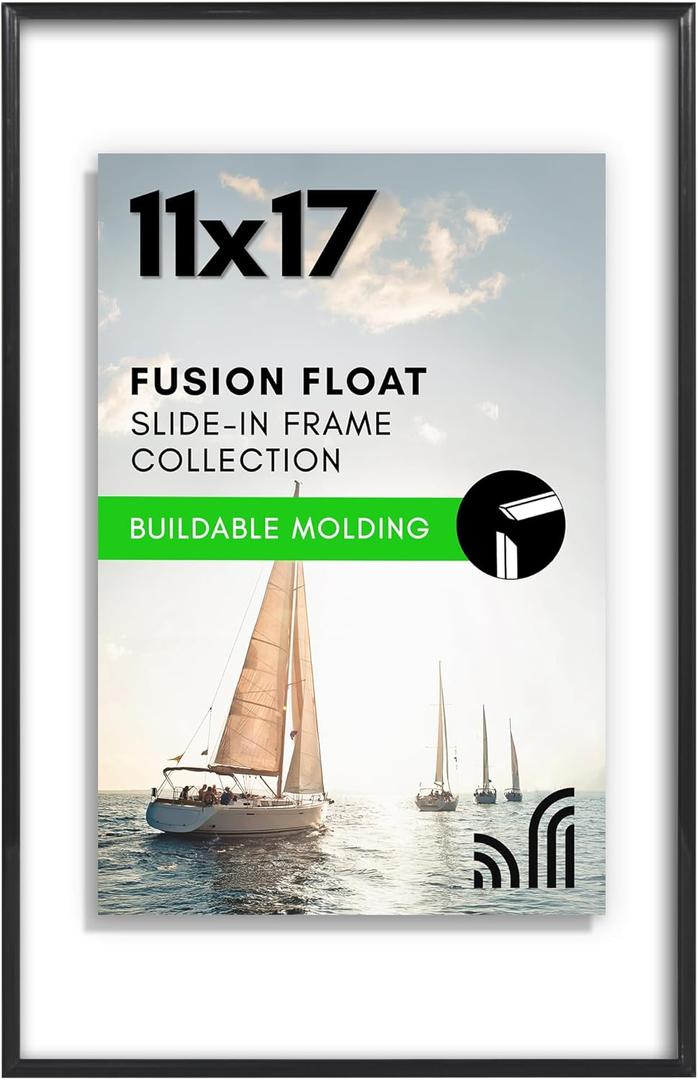 Americanflat 11x17 Floating Picture Frame with Shatter-Resistant Glass - Fits 11x14 Photos or Smaller - Slide-In Photo Frame - Fusion Float Collection - Floating Frames for Wall Display - Black