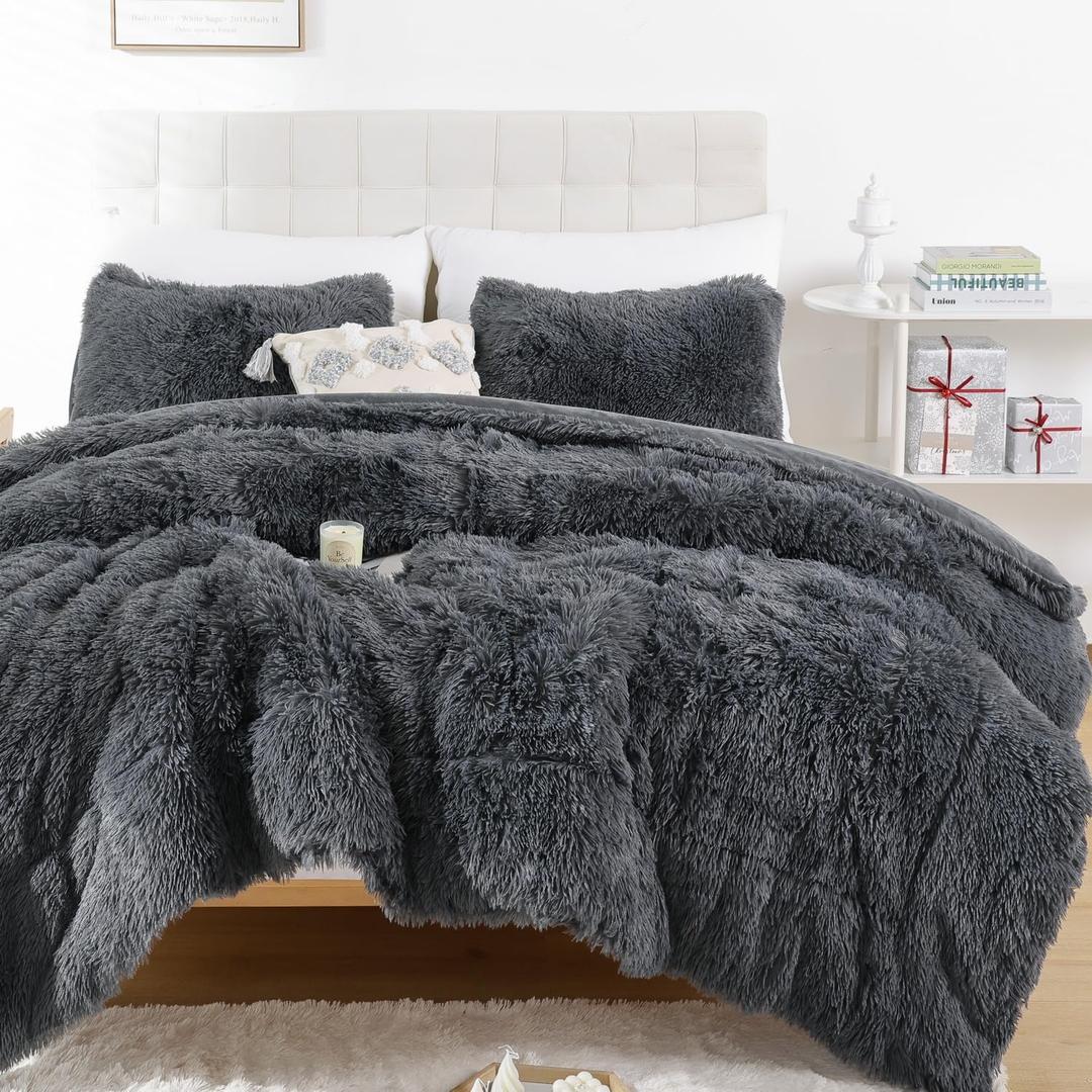 Smoofy Fluffy Queen Comforter Set, Faux Fur Comforter Set Queen Size, Luxury Fuzzy Bedding Set, Soft Shaggy Bed Set for All Season, 3 Pieces - 1 Comforter & 2 Pillowcases, Dark Grey