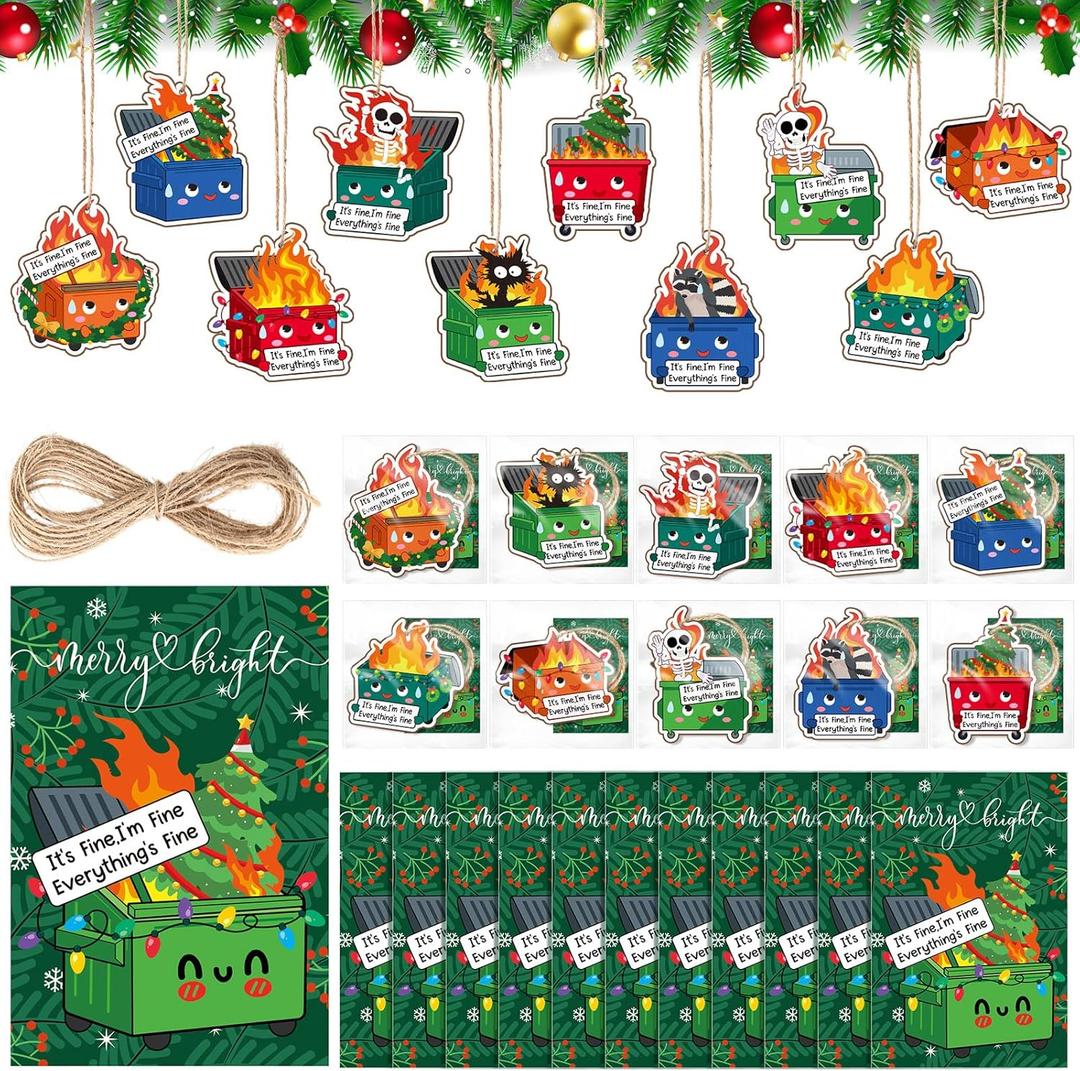 Syhood 50 Set Christmas Dumpster Fire Hanging Ornament with Everything is Fine Card Emotional Dumpster Fire Christmas Tree Decor Funny Employee Appreciation Gifts for Team Coworker Nurse, 10 Styles