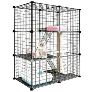 DIY Modular Cat Enclosure 3x3x2 Grid | Extra Large Indoor Cat Playpen | Foldable Black Wire Metal Cat Cage with Multi-Level Shelves | Approx. (43.7" x 29.5" x 43.3")