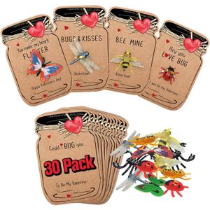Valentines Day Gifts for Kids - 30 Pack Love Bug Card Bulk 6 Different Bugs Toy - Funny Greeting Valentine Exchange Cards for Boys Girls School Class Classroom Party Favors