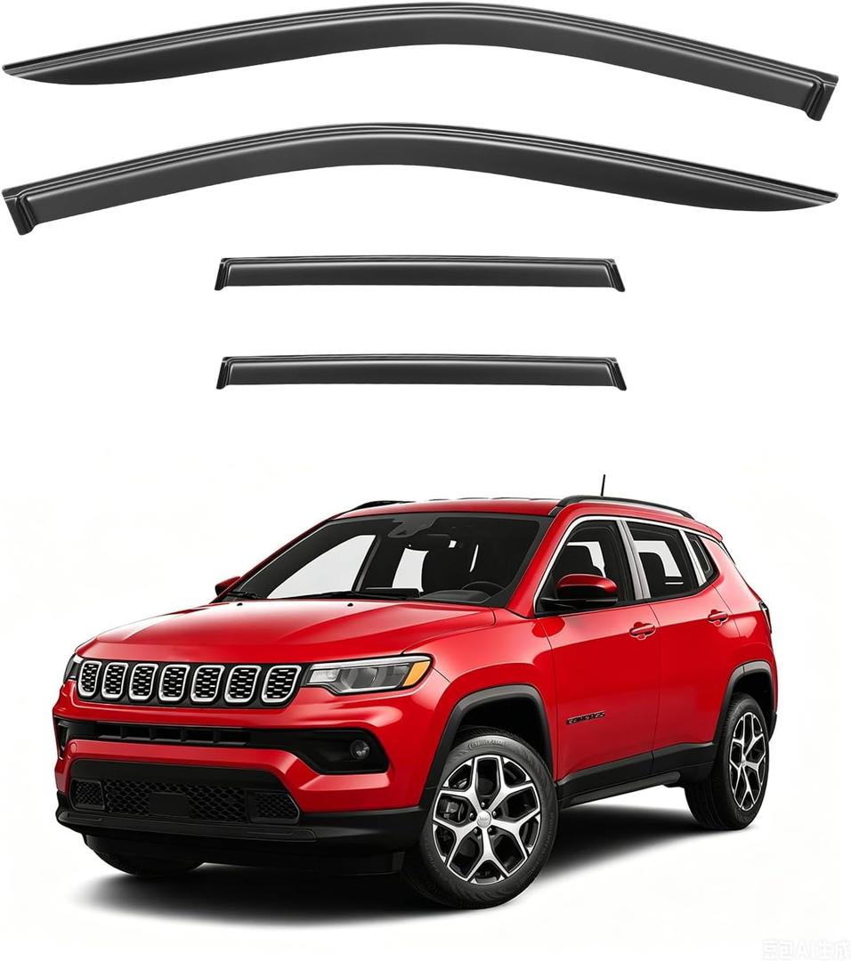 Window Visor For 2017-2025 Jeep Compass, Out- Channel Rain Guards Shields Vent Deflectnor Shade Wind Dark Smoke Vent shade Ventivisor For Compass 2018 2019 2020 2021 2022, Tape-On Outside-Mount, 4 PCS