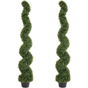 THE BLOOM TIMES 5ft Spiral Topiary Trees Artificial Outdoor Set of 2, Faux Boxwood Plants Outside - All-Year Green Fake Twisted Tree for Garden Front Porch Planter Decor 5 Foot