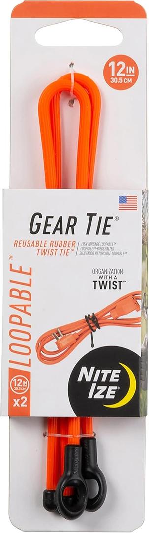Nite Ize GLS12-31-2R3 Gear Tie Loopable, The Original Reusable Rubber Twist Tie with Sturdy Integrated Loop, 12 Inch, Bright Orange, 2-Pack, Made in The USA