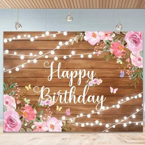 Retyshia Happy Birthday Backdrop for Women Rustic Wooden Butterfly Happy Birthday Banner Glitter Lights Pink Floral Party Decoration Background for 20th 30th Women Girl 7X5ft(82x59 inch)