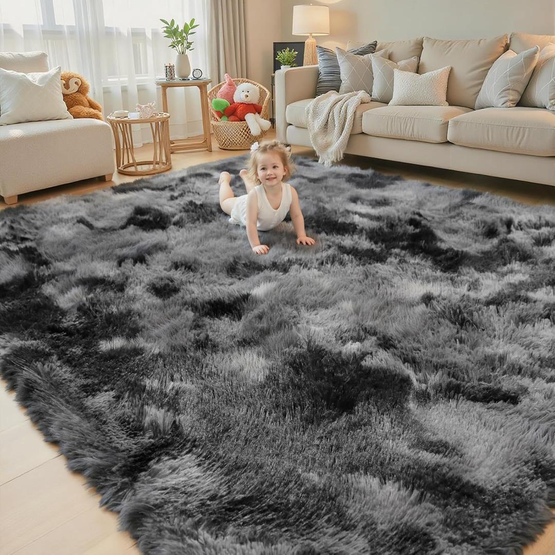 8x10 Area Rugs for Living Room Bedroom, Large Area Rug Shag Shaggy Carpet Soft Plush Furry Bedside Rug, Rugs for Home Decor (Dark Grey Tie-Dyed, 8 x 10 Feet)