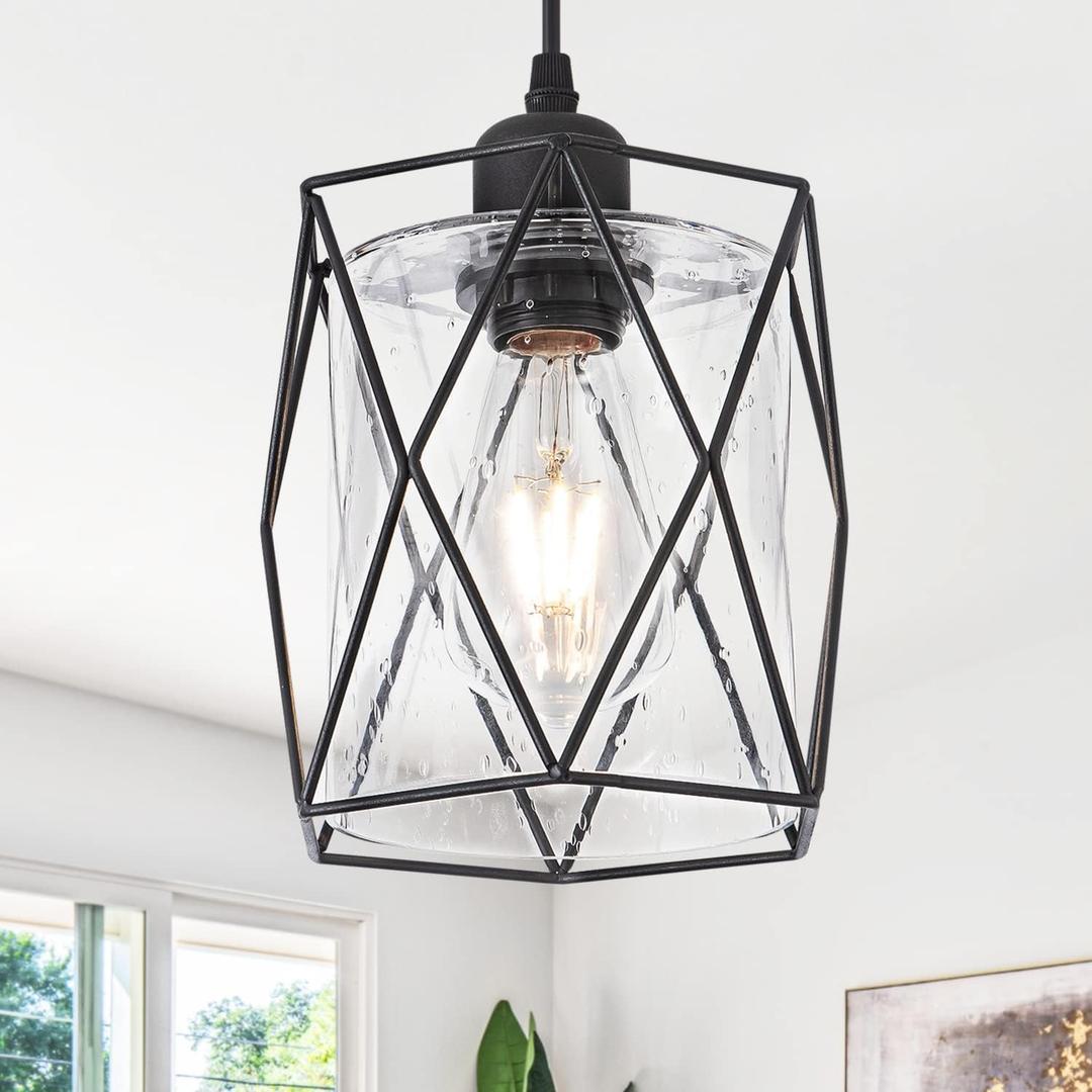 Black Pendant Light Over Table Cage Blown Clear Seeded Glass Farmhouse Hanging Light Fixture Industrial Adjustable Cord for Kitchen Island Dining Room Above Sink