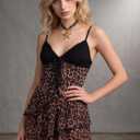 Women's Leopard Mini Dress Lace V Neck Tie Backless Club Dress (Black, M)
