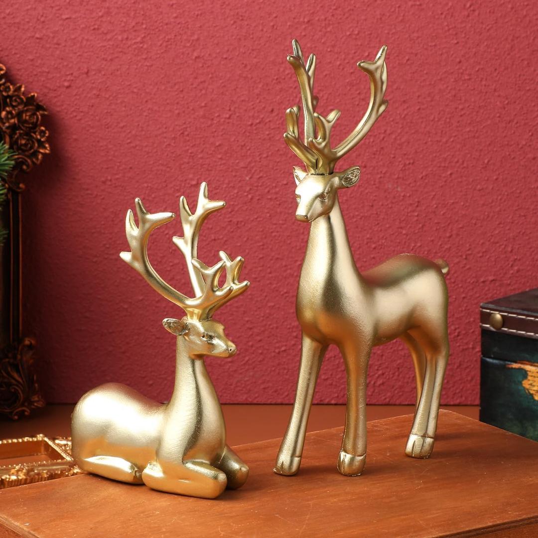 Operitacx 2 Pcs Christmas Reindeer Figurines, Resin Deer Christmas Decor Gold Xmas Elk Statues Sculpture for Home Table Decor Wine Cabinet