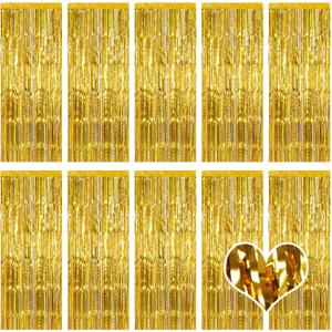 10 Pack Gold Backdrop Curtain 3.2ft x 8.2ft Metallic Tinsel Foil Fringe Curtains Photo Booth Background for Birthday Party Decoration Baby Shower Engagement Wedding Christmas Decoration (Gold)