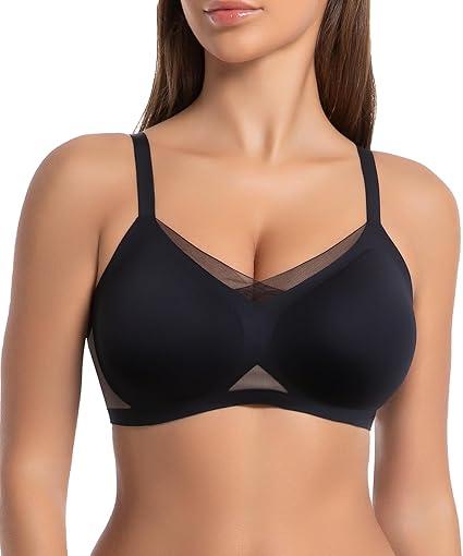 SHAPERX Wireless Bras for Women Seamless Push Up V Mesh Bralette No Underwire Full Coverage T-Shirt Bra with Removable Pads, XXL
