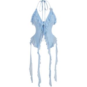 WDIRARA Women's 3D Flower Tie Front Ruffle Trim Halter Top Tie Backless Camisole (Blue, S)