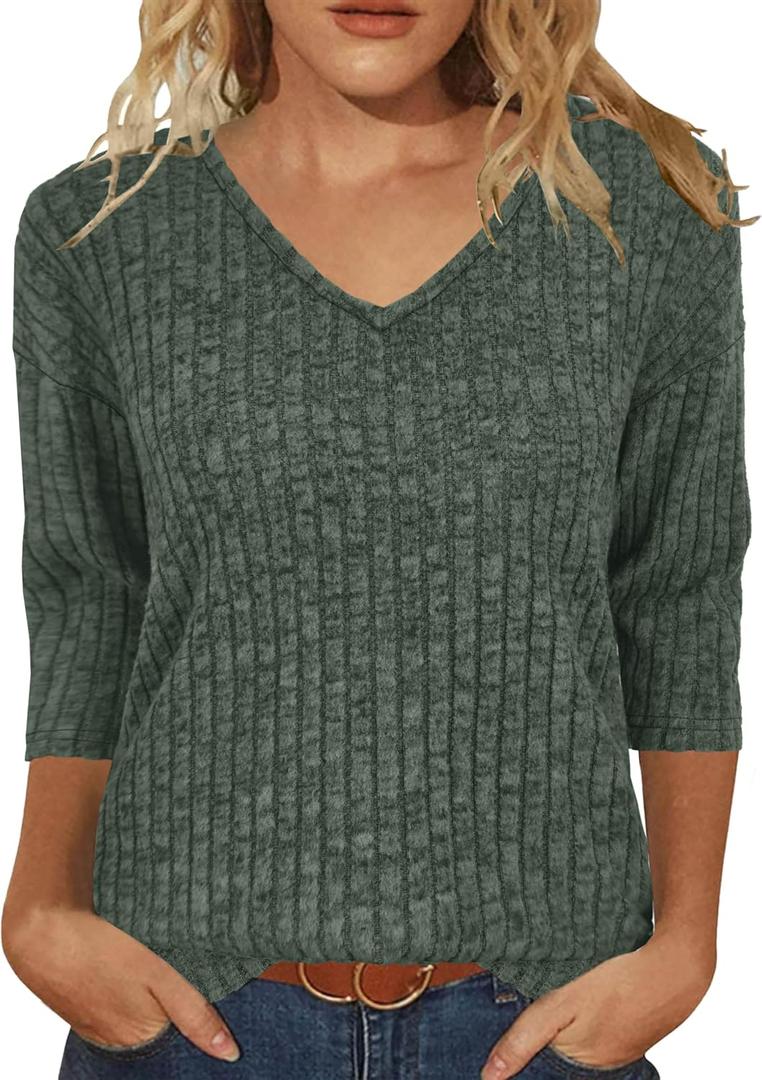 JomeDesign Womens Sweaters V Neck 3/4 Sleeve Shirts Dressy Casual Blouses Loose Fit Tunic Tops Fall Fashion (XXL)