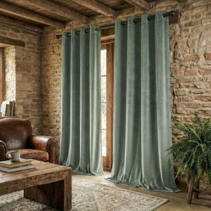 PONY DANCE Light Green Velvet Blackout Curtains 84 Inches Long for Bedroom, Luxury Thermal Insulated Grommet Room Darkening Window Drapes for Living Room, Cortinas de Terciopelo, 2 Panels Set 52Wx84L