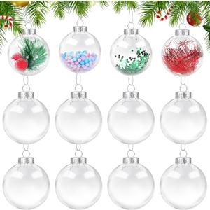 ANVAVO 12 Pieces 4 Inch Christmas Round Clear Plastic Ball Ornaments Bulk Removable Top Transparent Hanging Ornaments Ball DIY Fillable Clear Baubles for Xmas Tree Home Party Decor (10 Cm)