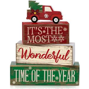 Moucuny 4 Pcs Christmas Decor Wooden Red Truck Winter Tiered Tray Decor Rustic Merry Christmas Table Centerpiece Wood Red Truck Block Sign Gift Farmhouse for Home Kitchen Tabletop Office Shelf