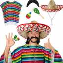 Unittype 6 Pcs Mxeican Costume Set Sombrero Hat Serape Poncho Mustache Maracas Fiesta Outfit Mexco Accessories