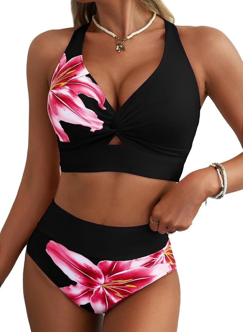 Herseas Women's 2 Piece Bikini Sets Twist Front Top Lily Print Swimsuits High Waisted Bathing Suit Beach Summer Swimwear (Black, M)