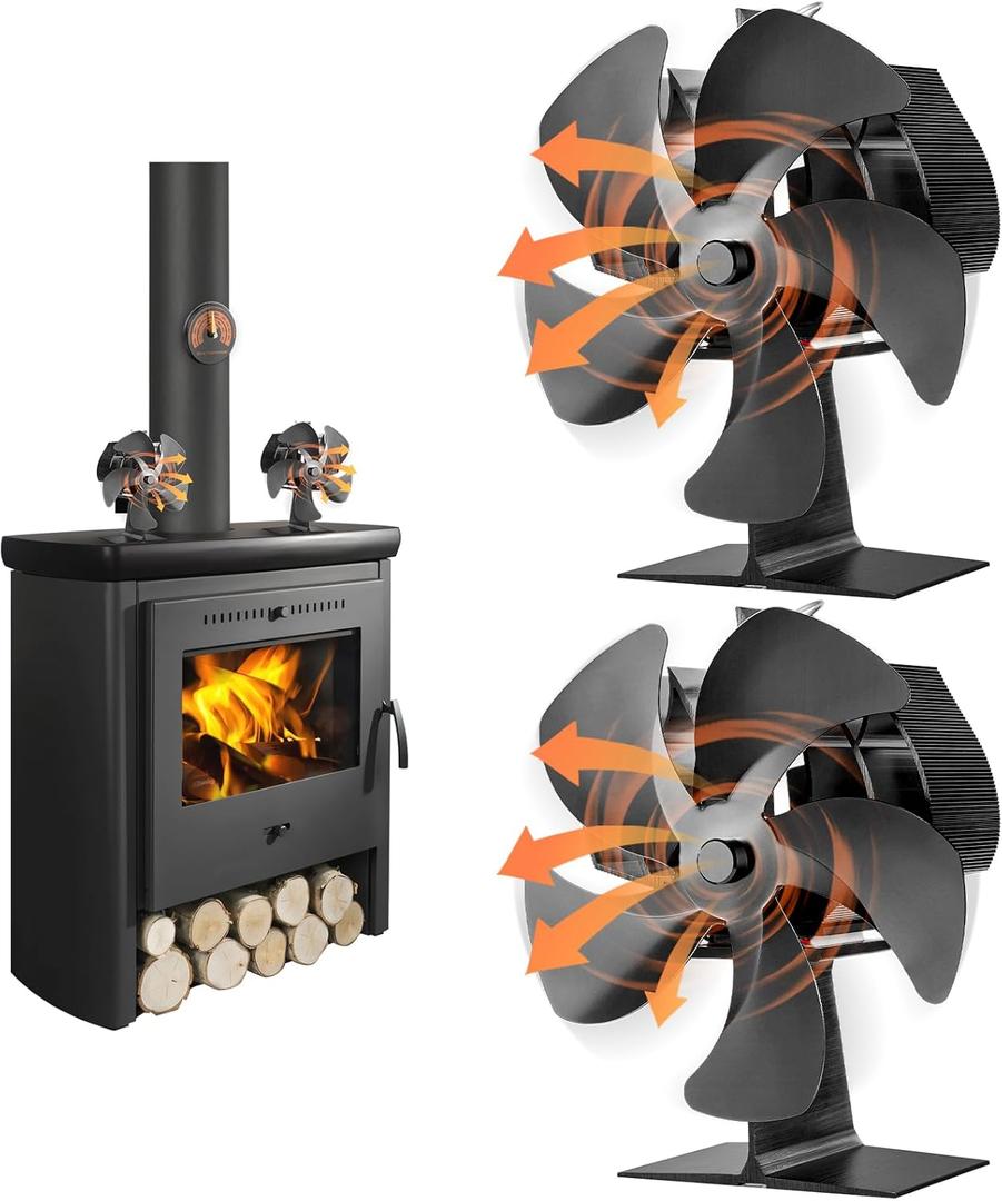 Flanagan 2 PCS Fireplace Fans, 5 Blades Stove Fan,7in Log Burner Fan Heat Powered Fireplace Fan for Wood Burning Stove/Log Burner/Fireplace(Include Magnetic Thermometer) (2 PCS -5 Blades)