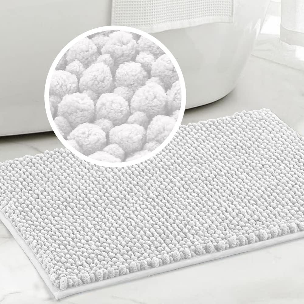 Turquoize Bathroom Rugs Non-Slip Chenille Bath Mat for Bathroom 17 x 24 Inches Extra Soft and Absorbent Shaggy Rugs, Machine Washable Perfect for Bathtub and Shower Floor, 24" X 17", White