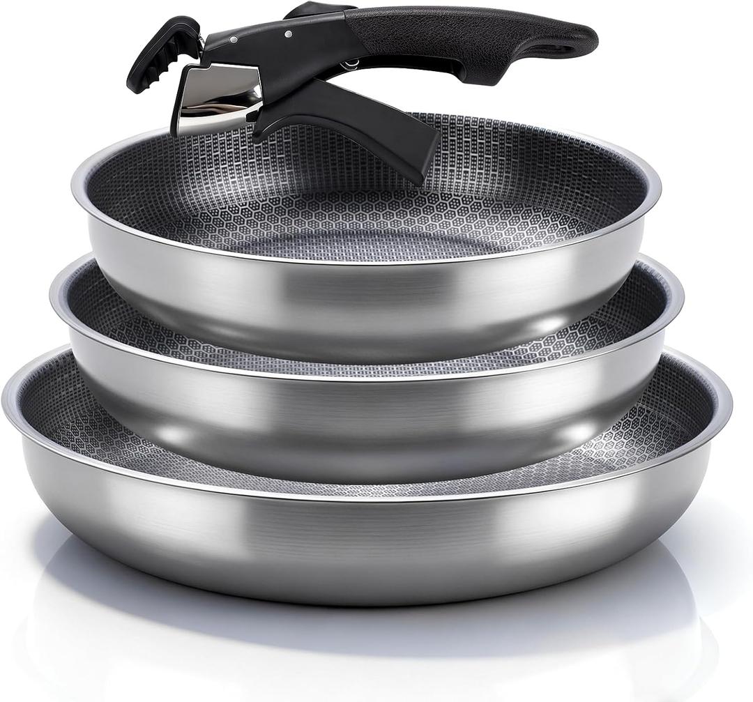 3-Piece Stainless Steel Frying Pan Set, 10/11/12.5Stackable Kitchen Cookware Set with Detachable Handle, Oven Safe Cooking Pan, Suitable for All Stove