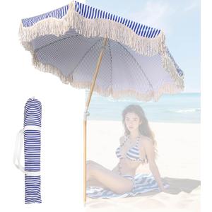 Umbrellas for Patios Outside with Fringe - 6ft Blue & White Stripes Patio Table Umbrella, Beach Umbrella, UPF 50+, Wind Resistant, Adjustable Tilt for Garden, Backyard, and Camping