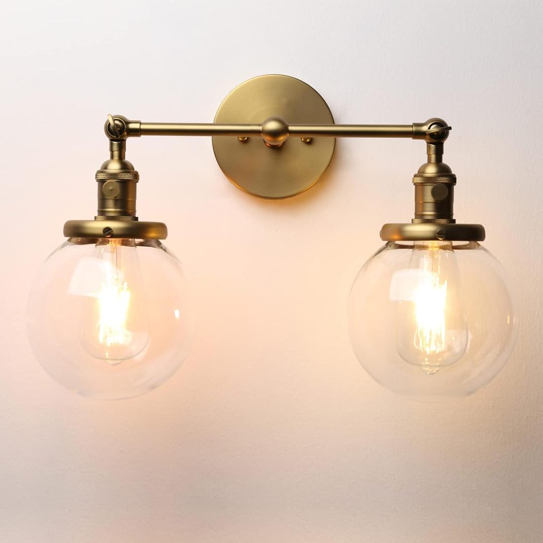 Phansthy Vintage 2 Light Wall Sconce Industrial Wall Light with Dual 5.9 Inches Globe Glass Lampshade (Antique)